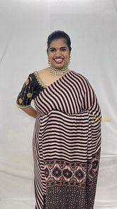 Vriksham Cream & Light Pink Striped Print Designer Ajrakh Modal Silk Saree-VS4449